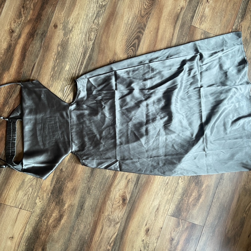 Punchy blonde olive green satin dress